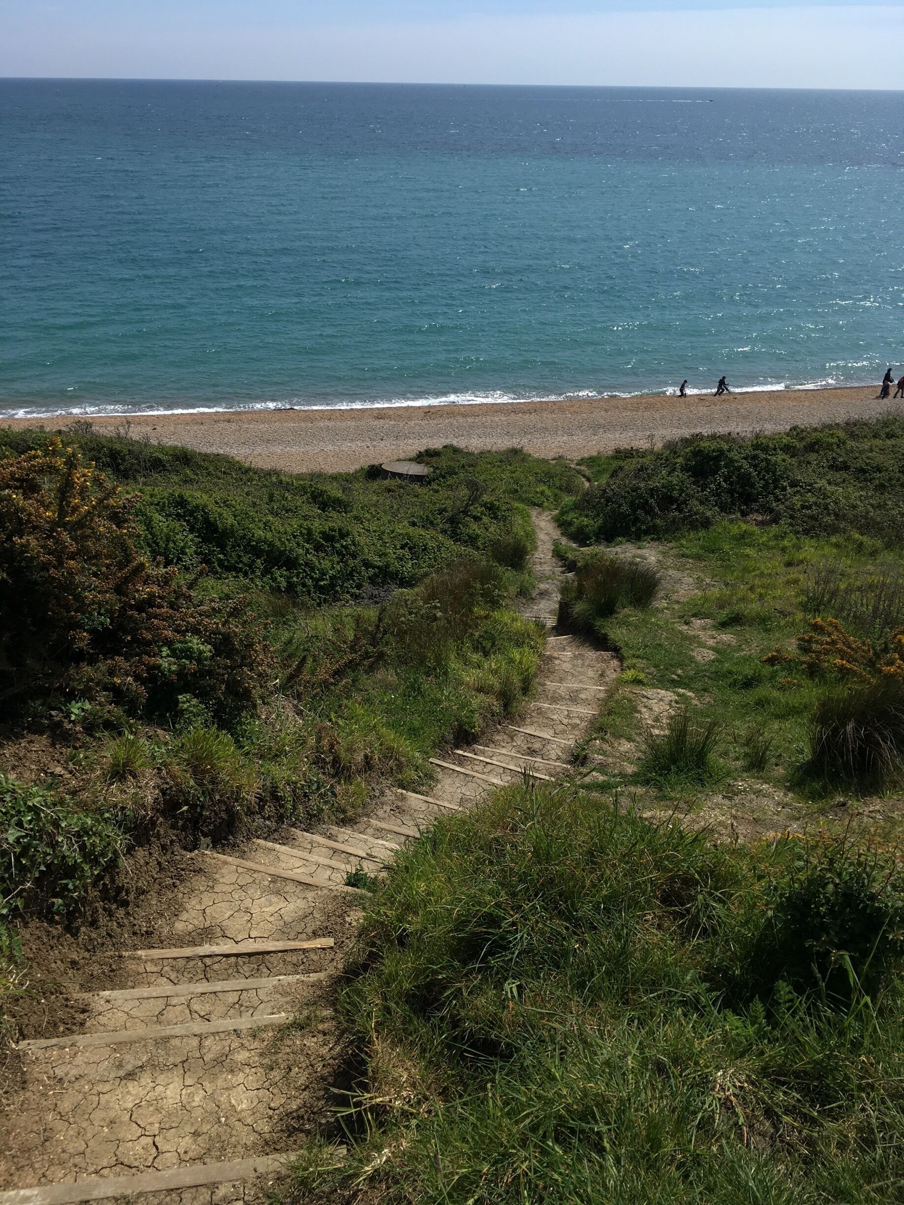 A coastal path leading to a beach with people walking.