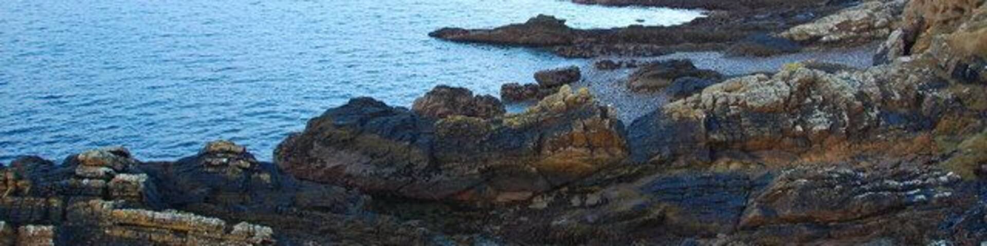 North west Glimps Holm A very different character to the coastline than that just a few hundred metres to the south. The cliffs are rocky, steep and higher. The boulder beaches have given way to exposed rock. Here the strata can be seen to be lying at an angle of about 45 degrees.