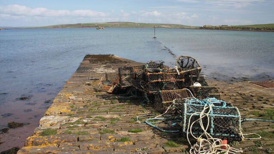 A rocky pier with lobster traps and fishing nets by a calm sea.