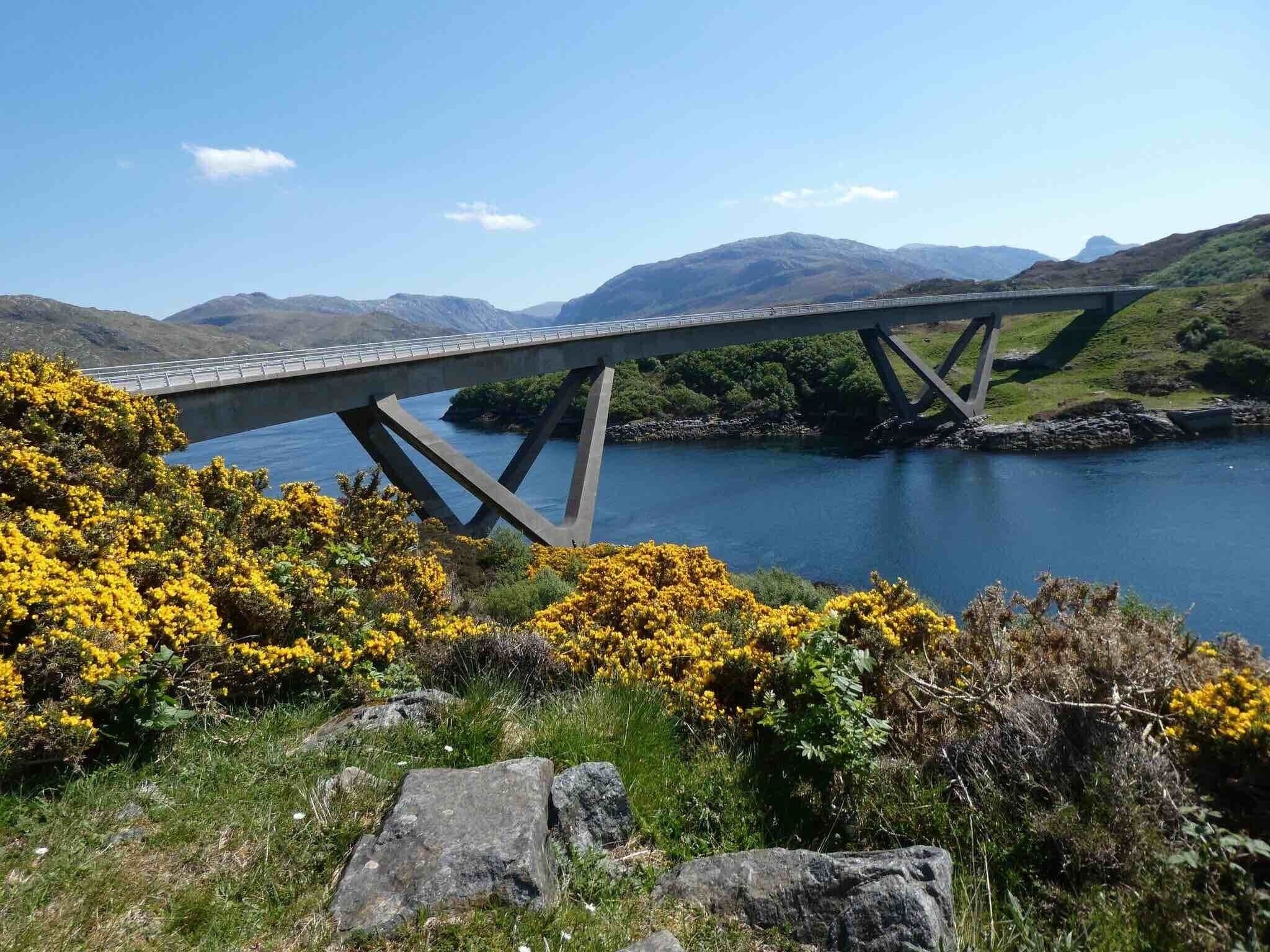 Kylesku Bridge in the Northern Highlands ...before the bridge was built you used to have to get a boat across...as much as I loved the bridge I think it would have been fun to do it the old way. Btw highly recommend the Kylescu Hotel....a welcome oasis in an otherwise barren but beautiful landscape