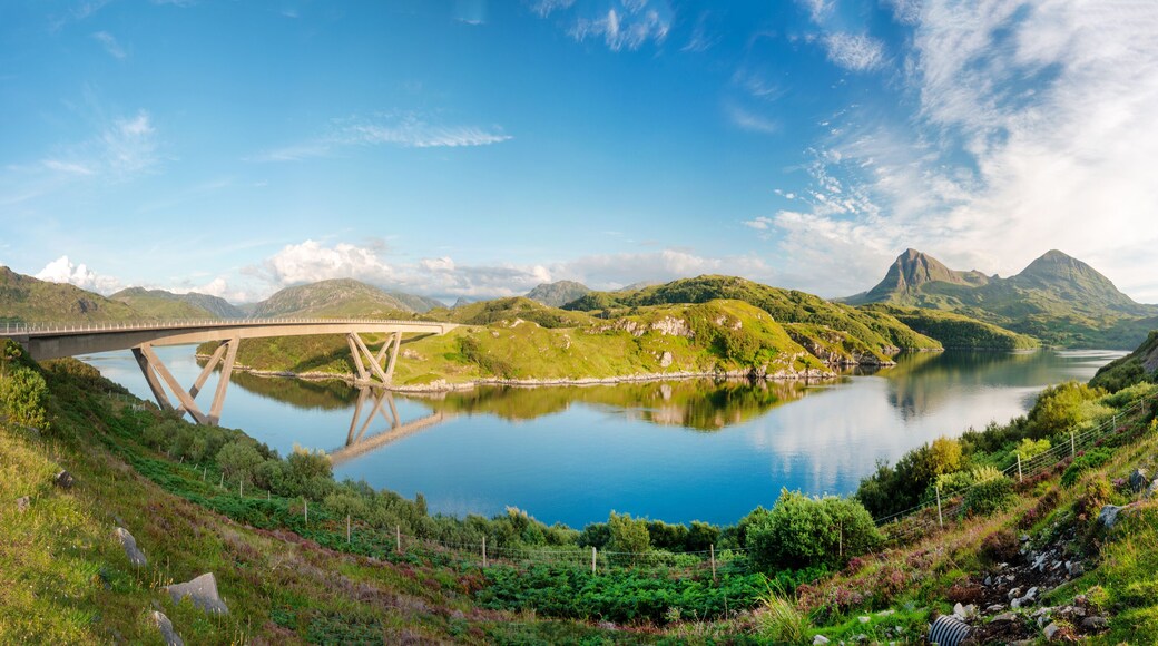 Kylesku Bridge amid mid summer Scottish Highland landscape,northwest Scotland,UK.