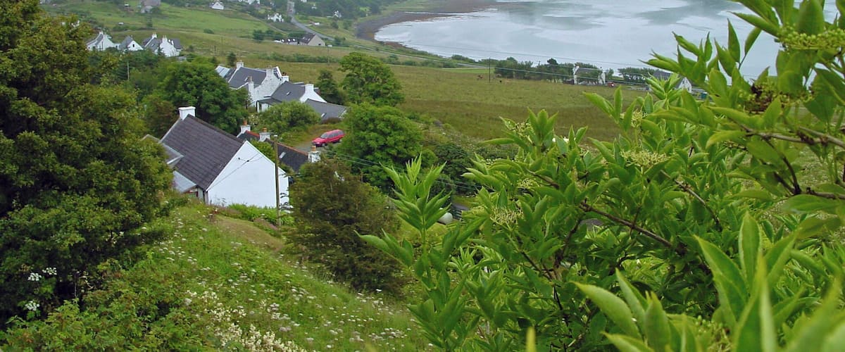A coastal landscape with houses, a river, and rolling hills.