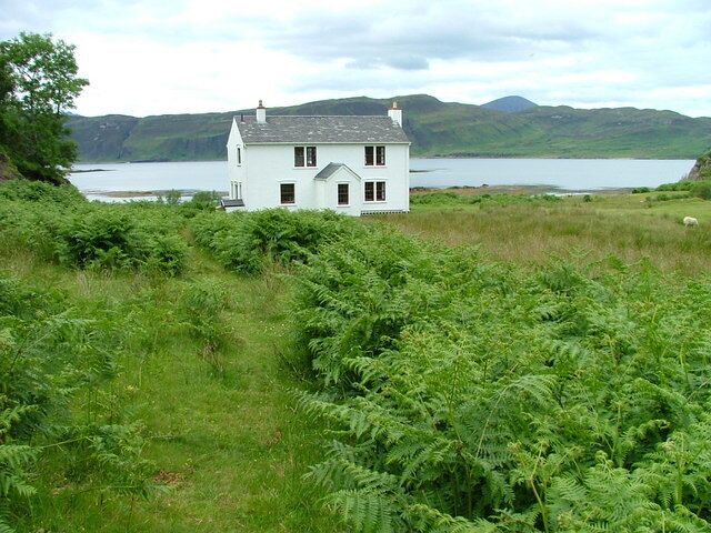 A white house with a grey roof, surrounded by lush green ferns and grass, near a body of water with hills in the background.