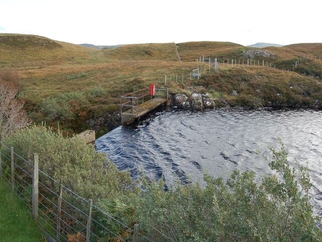 Dam on the Allt Ribhein The dam holds the water for the Carbost water treatment works, situated just downstream. Carbost is an odd choice of name for the plant, being a village several miles away. Portnalong is much closer.