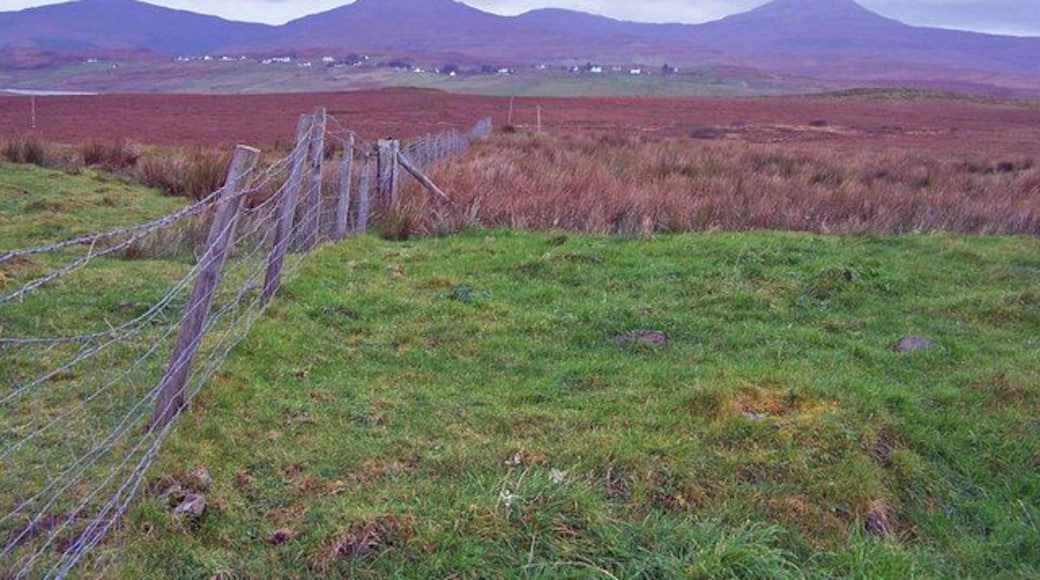 Moorland above Vatten Black cattle have been grazing this land all summer, but they had wandered to another part of the moor today. The distant strung-out township is Roag, and the hills are Healabhal Bheag (left of centre) and Healabhal Mhor (on the right) - more often referred to as MacLeod's Tables.