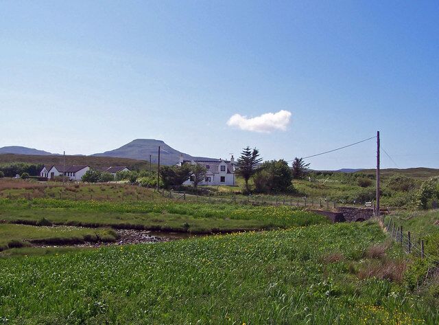 Wild iris and a blue sky The mass of wild iris are just coming into flower. The river is Abhainn an Loin Mhoir, which enters Pool Roag just out of the picture to the left. The single story white building is the Dunorin House Hotel. The mountain is Healabhal Mhor.