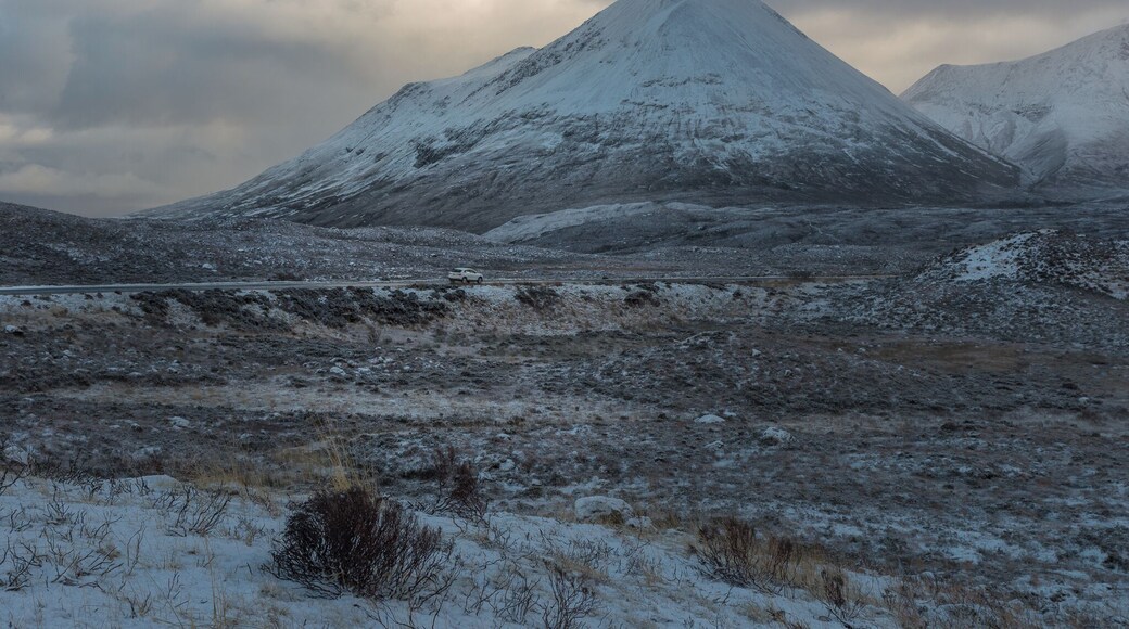 A view on to Glamaig, the northernmost of the Red Hills on the Isle of Skye, near Sligachan. Sligachan lies at the head of Glen Sligachan which runs for 8 miles south to meet the sea at Camasunary near Elgol and divides the rounded Red Cuillin from the jagged Black Cuillin mountains.
#hiddenscotland #discoverscotland #isleofskye #sligachan #igscotland #ig_scotland #scotland_insta #scotland_ig #uk #perspectives #mountains #river #winter #walking #hiking #outdoors #ontheroad