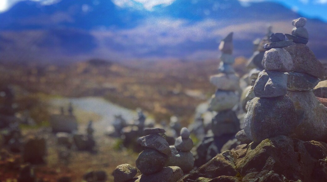 Anazing rock sculptures next to the bridge in Sligachan on the Isle of Skye Looking towards the Cuillin Ridge.