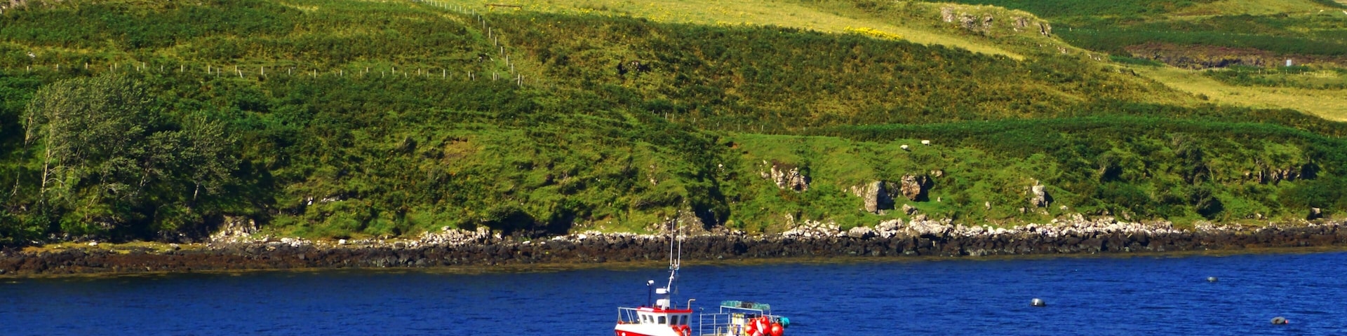 Un bote rojo sobre un mar azul tranquilo con colinas verdes al fondo.