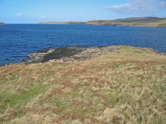 A coastal landscape with a grassy foreground, rocky shoreline, and a calm sea under a clear sky.