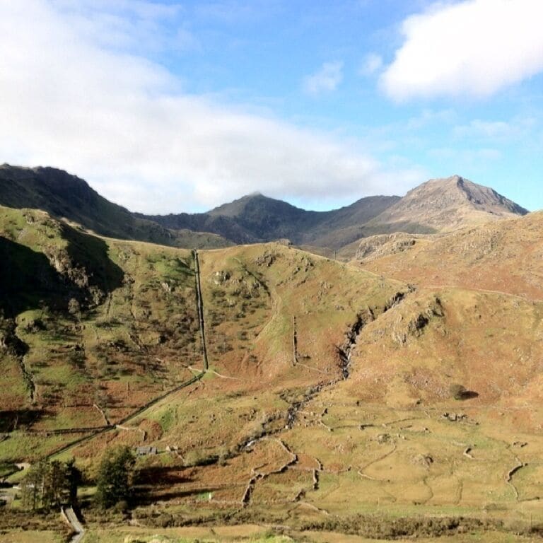 Snowdon (centre) as seen from Nant Gwynant car park. 