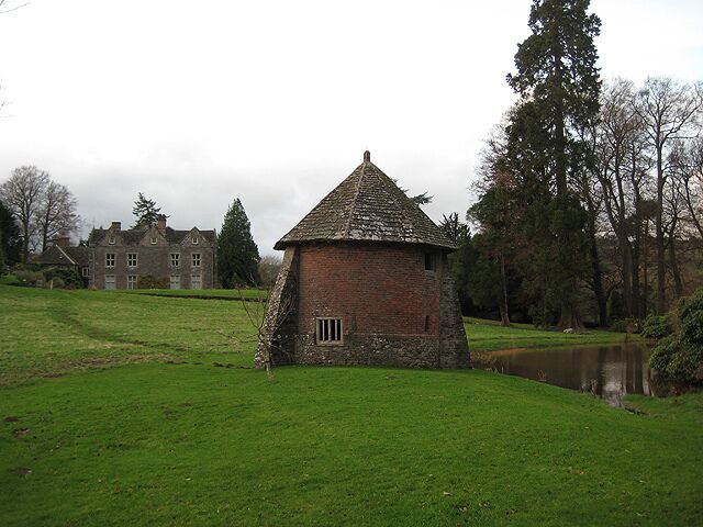 Llanvihangel Court from the grounds The house viewed from the south-east. The building in the foreground is referred to as a guardhouse.
