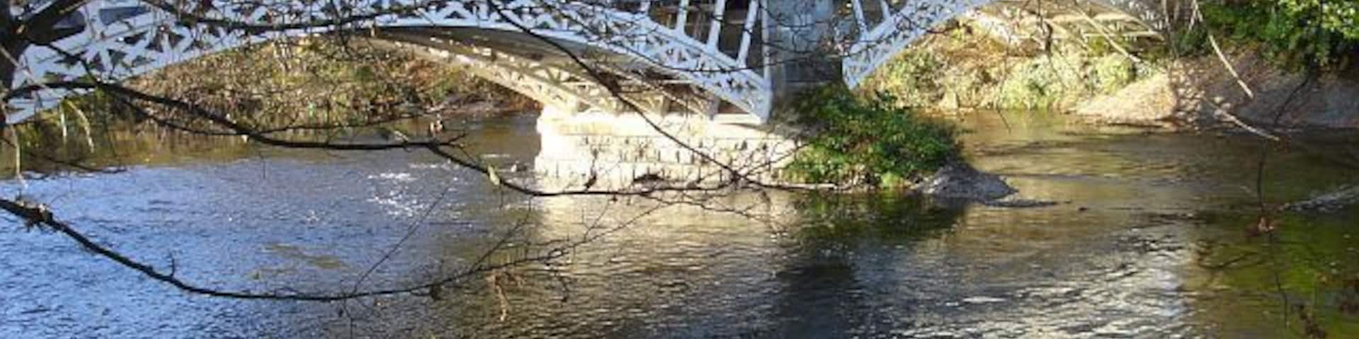 Caerhowel Bridge over the Severn. Carrying the B4385 from Montgomery to Garthmyl. The bridge has two cast iron date plaques which read "Thomas Penson County Surveyor 1858" and "Brymbo Company Iron Founders 1858". It also carries a warning sign about heavy vehicles 611383.