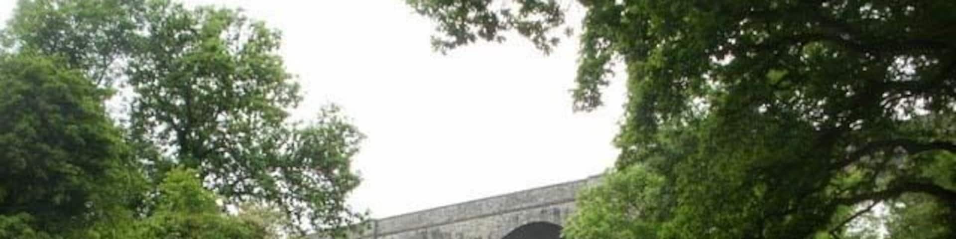 A stone viaduct over a road, surrounded by trees and grass.