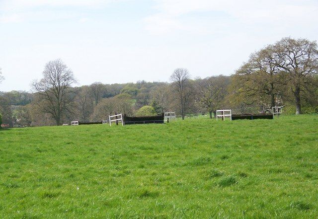 A green field with a white fence and trees in the background.