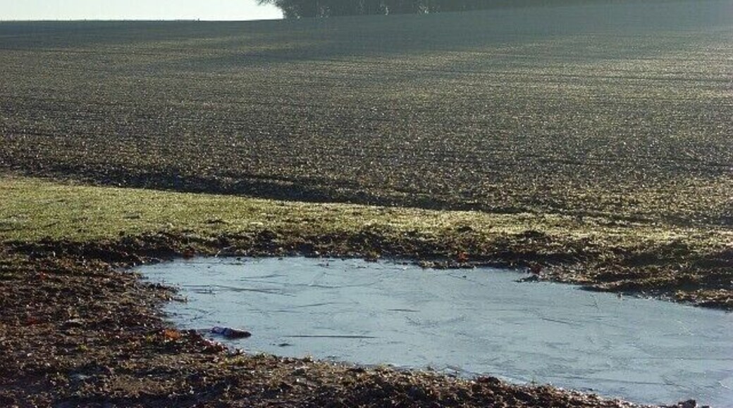 Farmland, Vernham Dean A ploughed field and frozen puddle below the northern end of Boats Copse.
