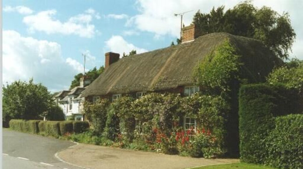 Thatched cottage, Vernham Dean. This is a typical thatched cottage for the area, being built of brick and flint, the latter being abundant in the chalky soil. The white house was once one of the 3 village pubs and still retains its original malt kiln.