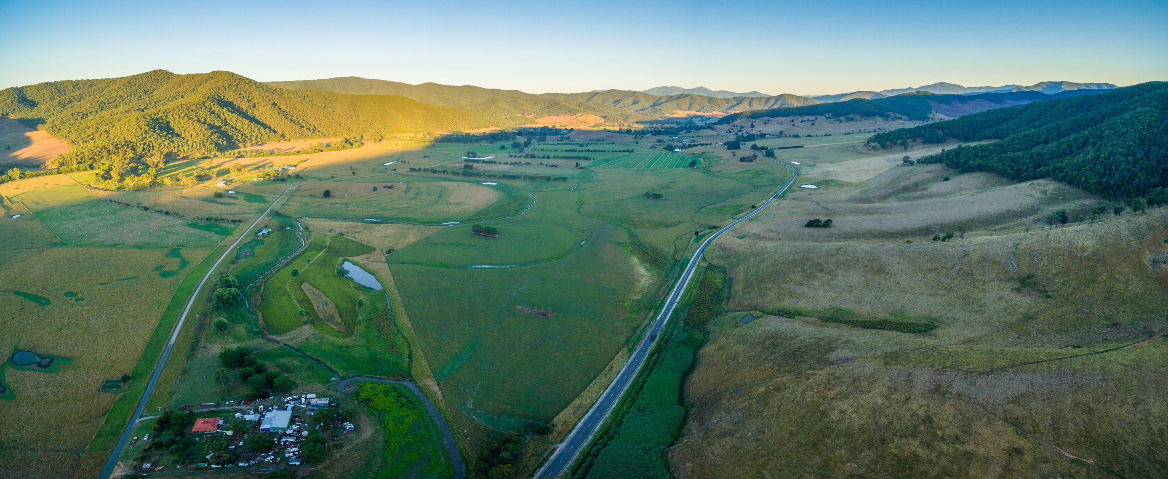 Aerial view of Mitta Mitta Valley, Victoria, Australia at sunset.