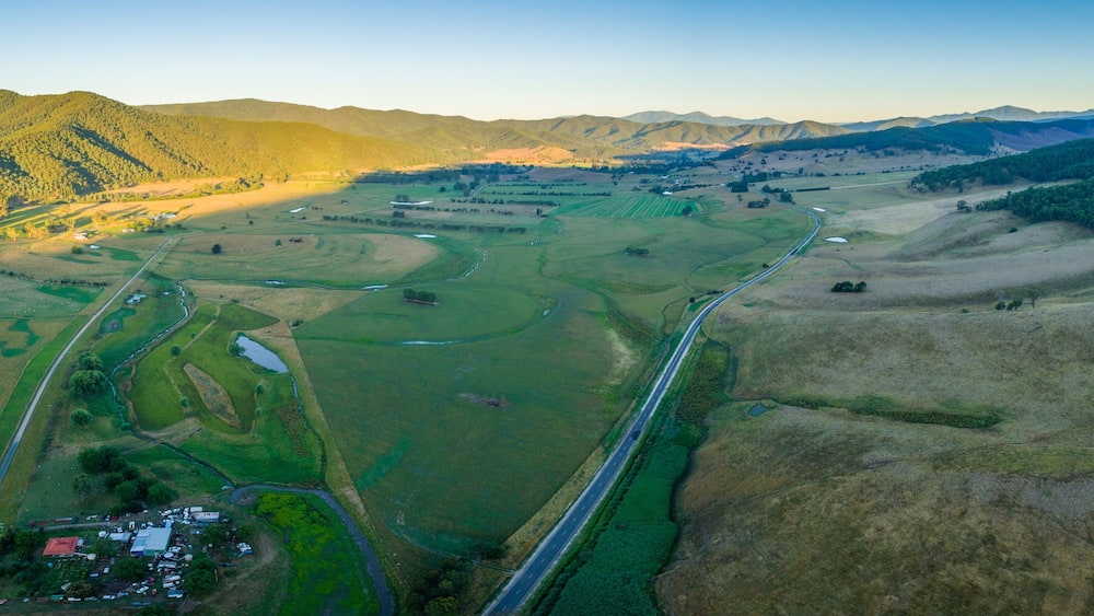 Aerial view of Mitta Mitta Valley, Victoria, Australia at sunset.
