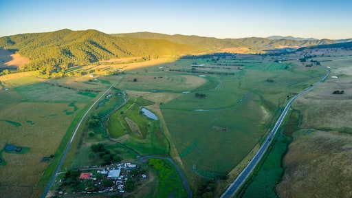 Aerial view of Mitta Mitta Valley, Victoria, Australia at sunset.