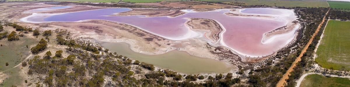 Aerial panoramic view of a large pink salt lake located next to highway 40 in the wheatbelt region of Western Australia