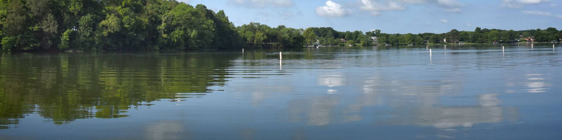 A calm lake with a forested shoreline and a clear blue sky.