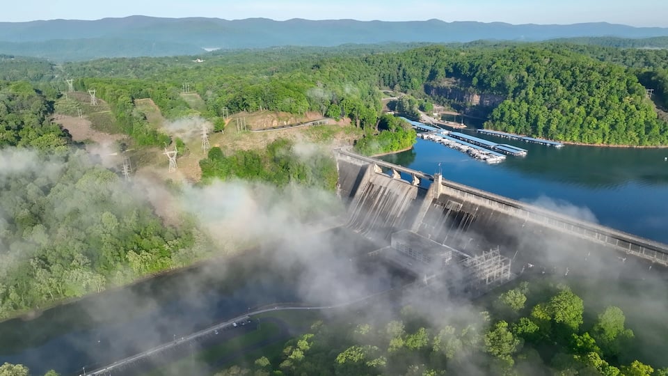 A dam with water flowing over it, surrounded by dense forest and mountains in the background.