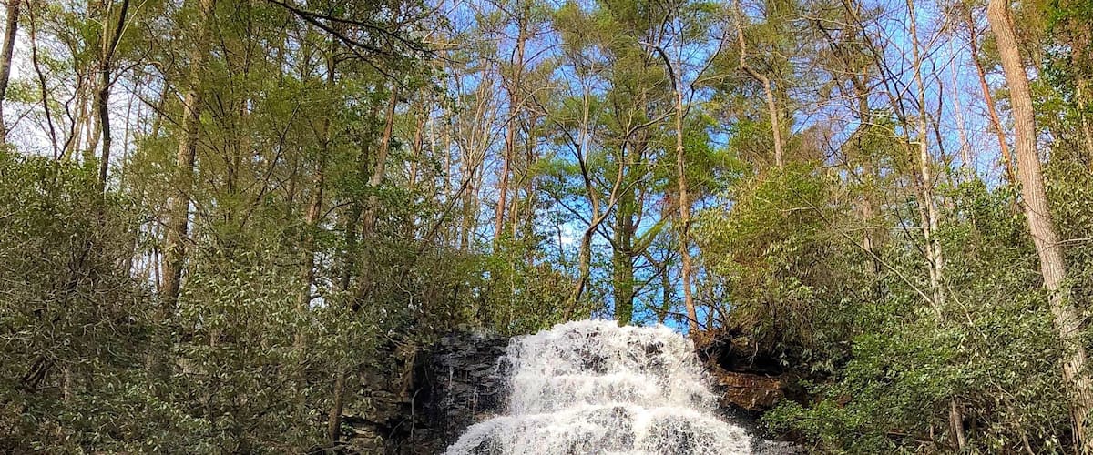 A waterfall cascading over a rocky ledge surrounded by trees.
