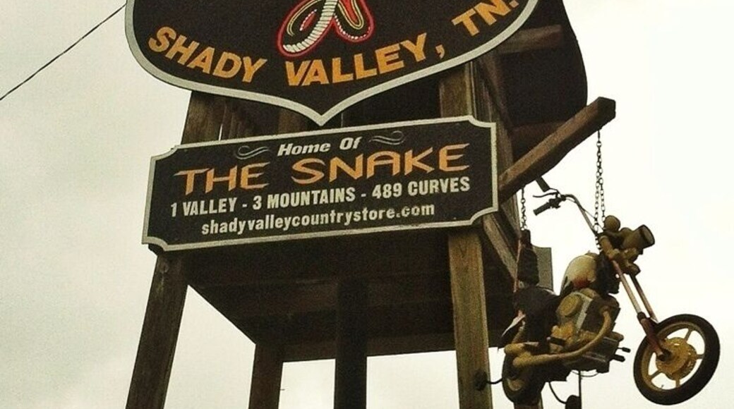 Nestled in a remote, high mountain valley of far eastern Tennessee, The
Shady Valley Country Store opens it's doors and hearts to the
motorcycle and sports car community. Surrounded by 3 mountains
and some of the most scenic rides in the eastern USA. Within a 12 mile
radius of The Country Store there are 489 curves that is called "The
Snake" it can be very gentle and tons of fun or mean, vicious and
extremely dangerous all depending on how you handle "The Snake". From www.shadyvalleycountrystore.com