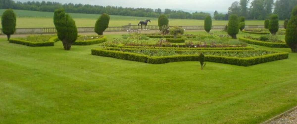 A well-manicured garden with geometric hedges and a horse in the background.