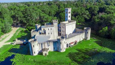 A castle surrounded by lush greenery and a body of water with lily pads.