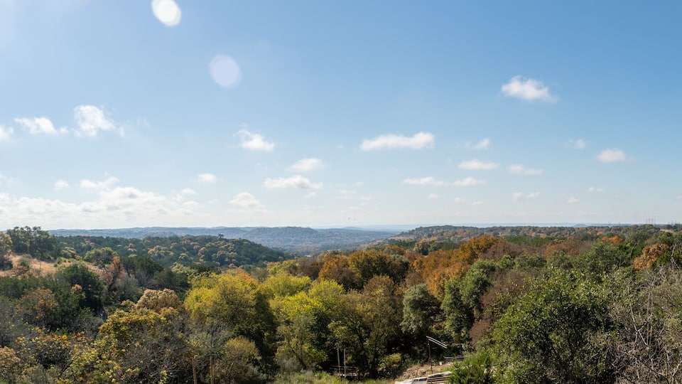 A mountainous landscape with dense forests and a clear blue sky.