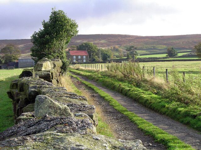 A rural path with stone walls, a tree, and a red-roofed building in the distance.