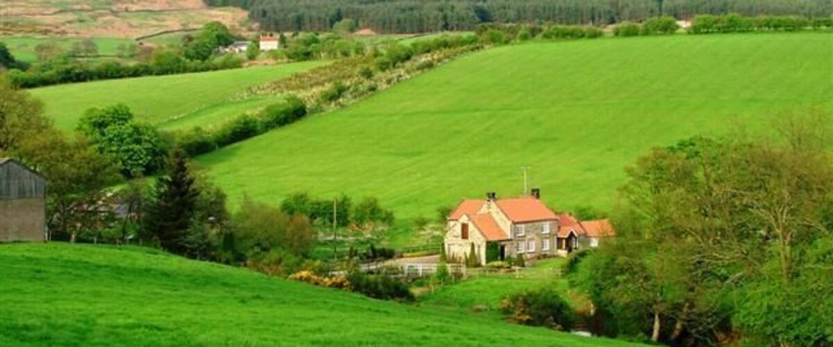 A rural landscape with rolling green fields, a house with a red roof, and a stone barn.