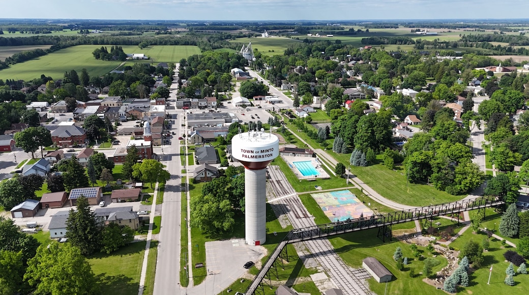 Palmerston water tower in the Town of Minto with residential areas and green surroundings in Ontario