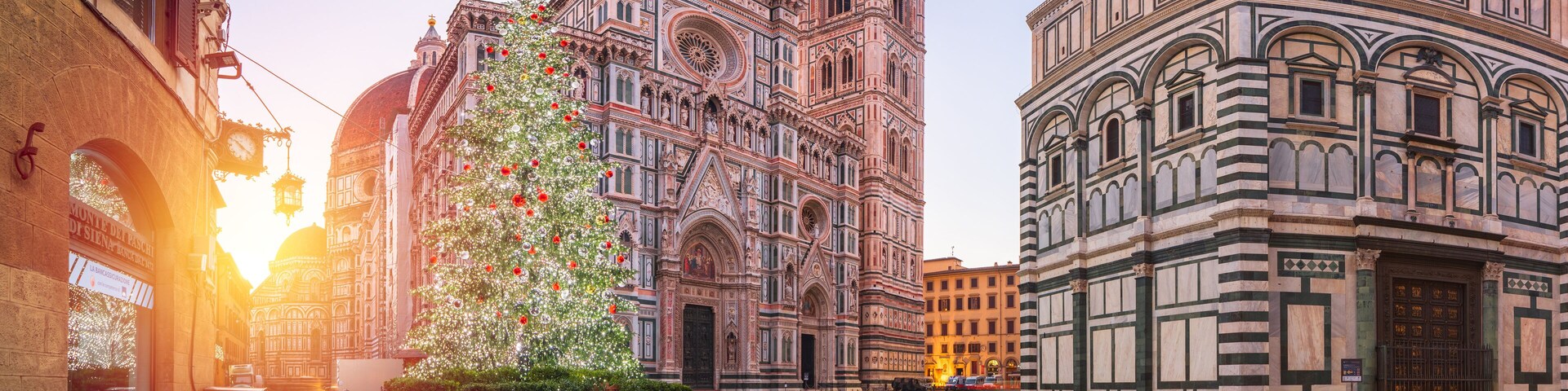 Uma árvore de Natal em frente a um edifício histórico com arquitetura elaborada.