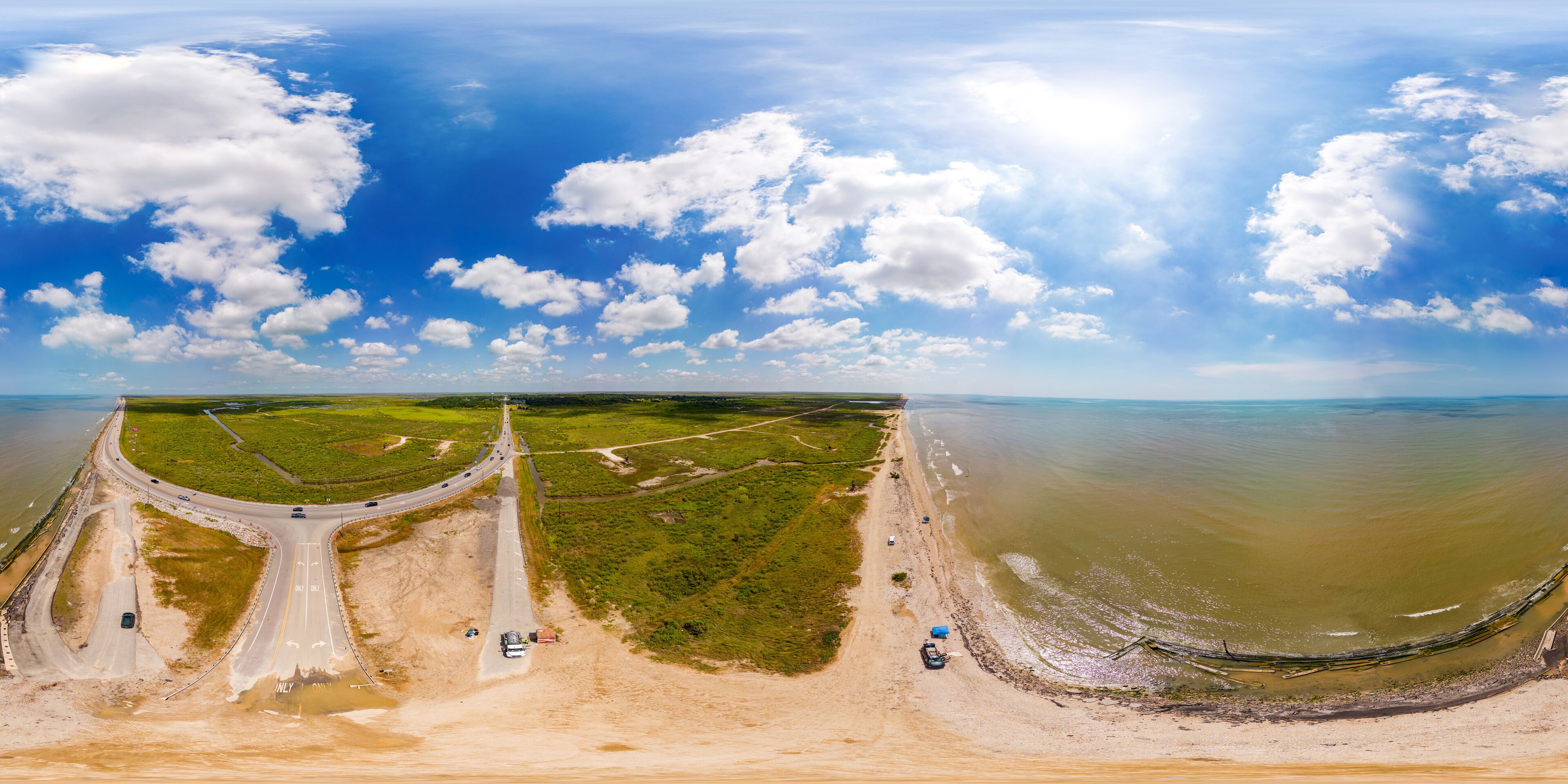 Aerial 360 equirectangular panorama High Island Beach Bolivar Peninsula Texas