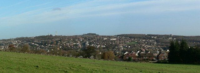 View from the Hunger Hills, Horsforth Looking across the north part of Horsforth towards Cookridge and Tinshill climbing the far hill. The communications tower mid-left is at SE25603989 and to its left is the water tower at SE25493990