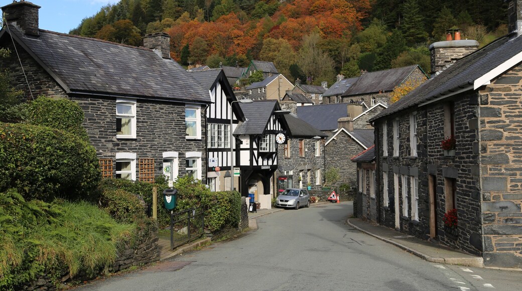 Traditional village buildings in Corris, Wales, with autumn leaves in the background.