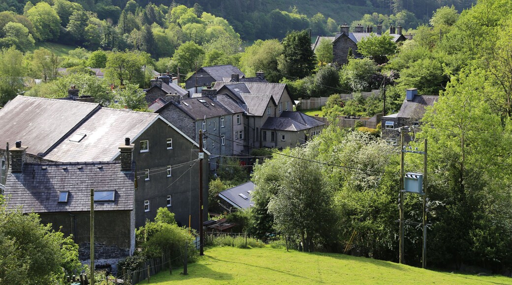 A view across the Dulas valley and the roofs of Corris in Gwynedd, Wales UK.