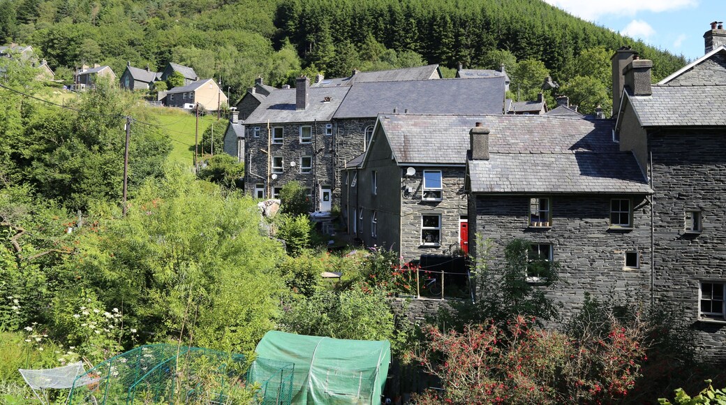 Slate cottages built on the side of a hill in the beautiful village of Corris, Wales, UK.