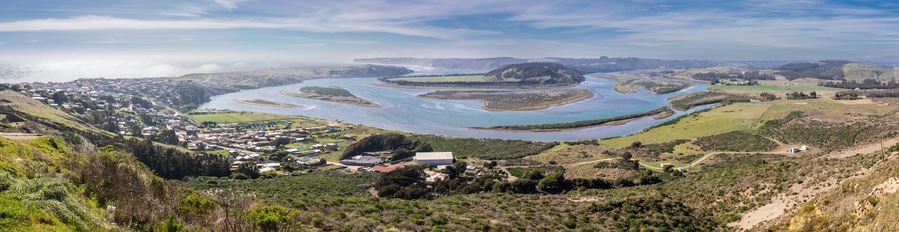 Meanders at the delta river Rapel in the town of La Boca. An amazing view of the bends of the river looking for an exit to the Pacific Ocean in between the valleys, hills and forests an awe landscape