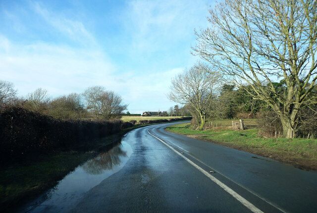 A rural road curving through a countryside with a body of water on the left and trees on both sides.