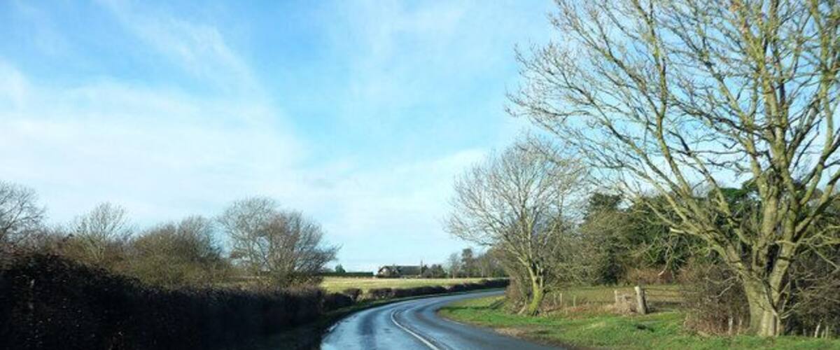 A rural road curving through a countryside with a body of water on the left and trees on both sides.