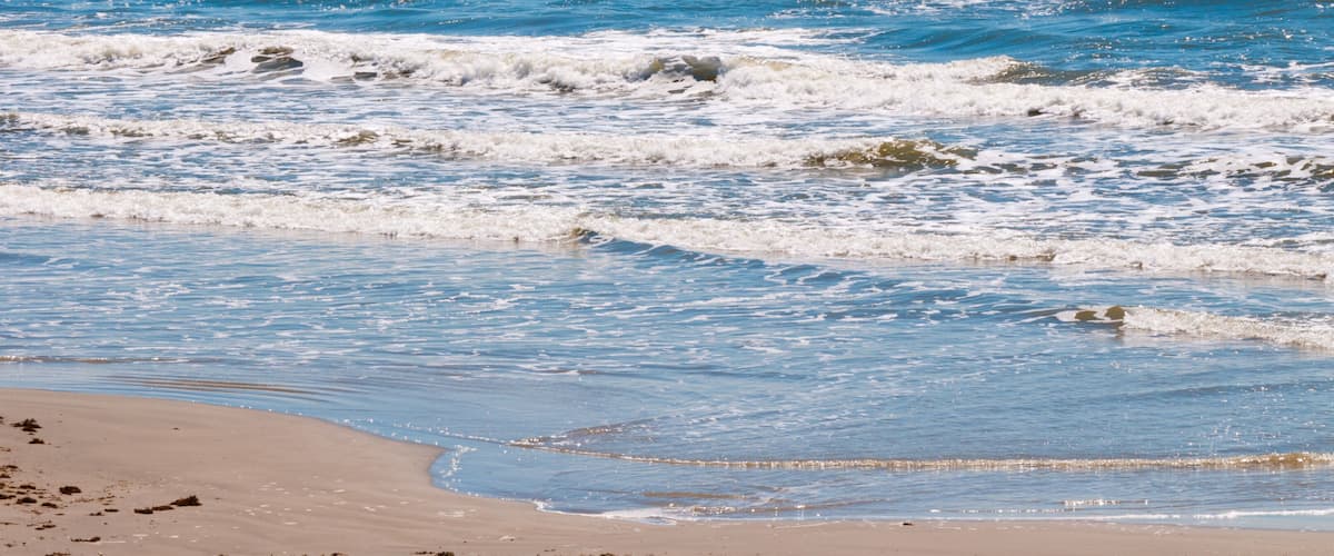 A beach with waves gently lapping at the shore.