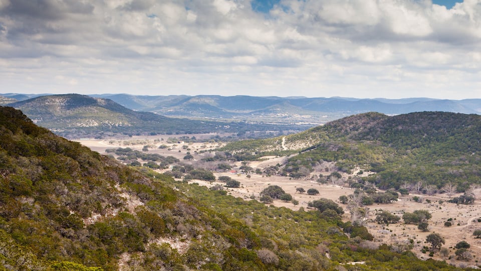 A mountainous landscape with dense forests and a valley.