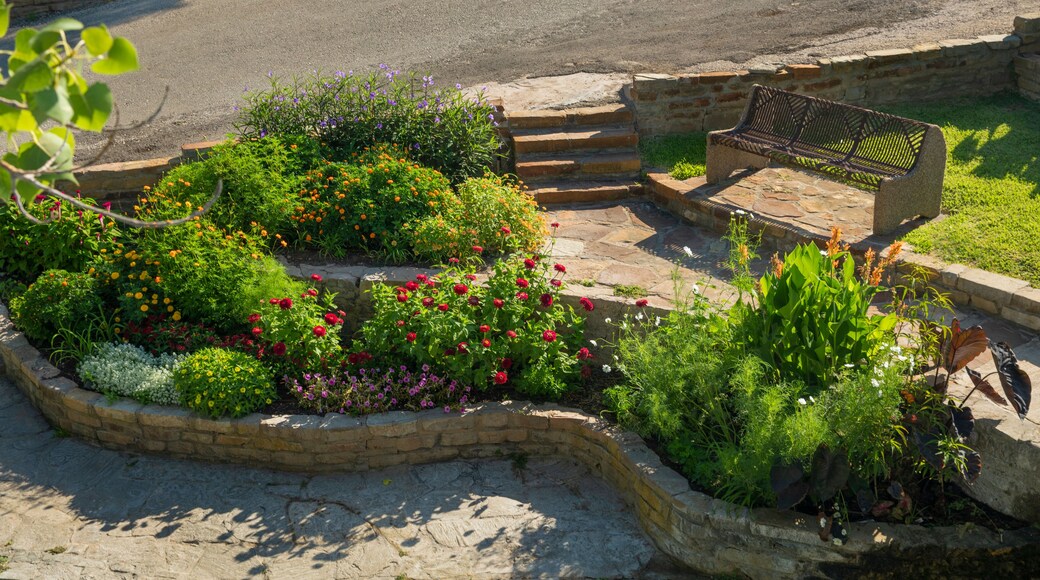 A landscaped garden with a variety of colorful flowers, a stone bench, and a stone pathway.