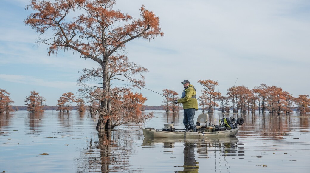 man fishing on lake in fall