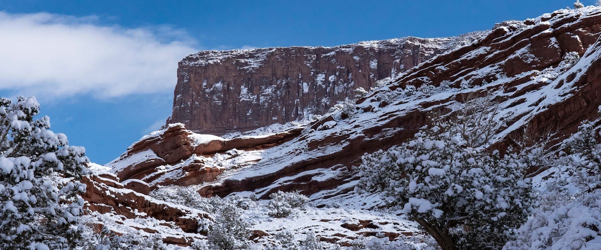 A snow-covered mountain with a prominent rock face and trees in the foreground.
