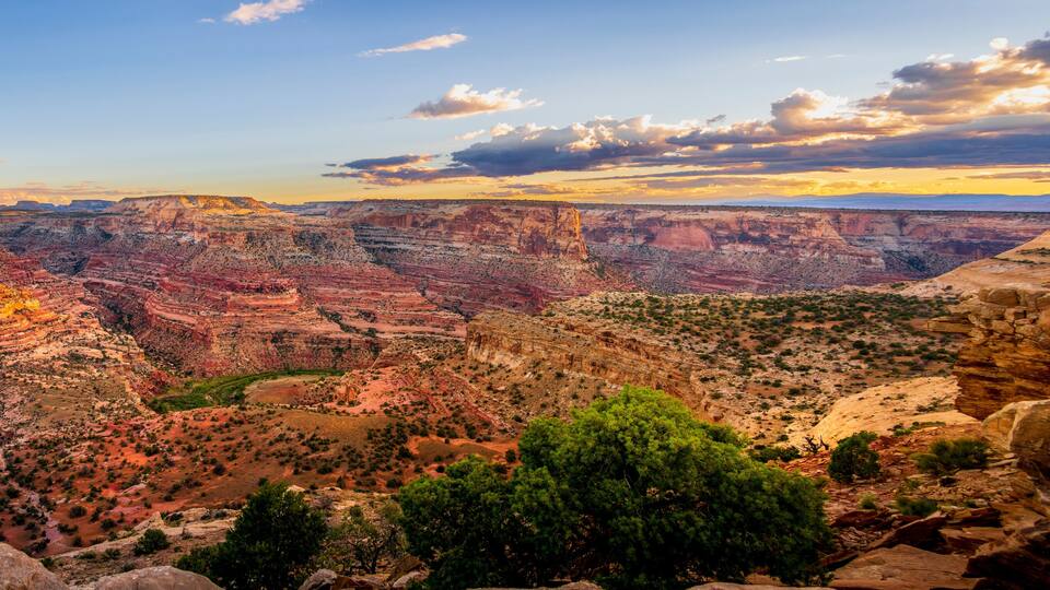 A canyon with layered rock formations and a prominent rock spire.
